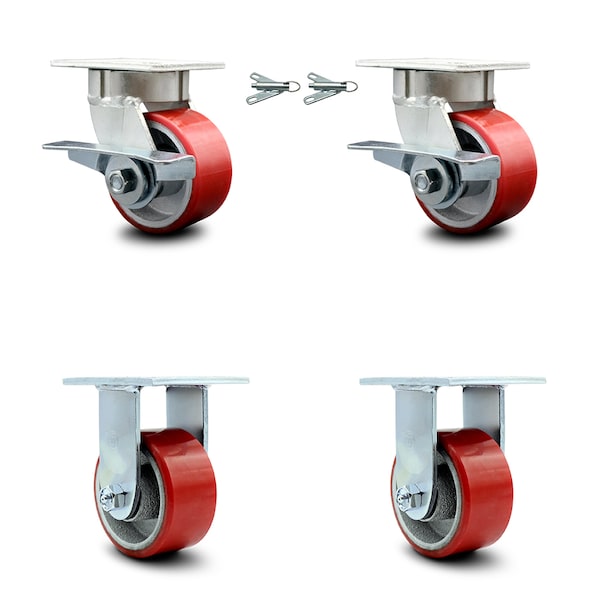 Service Caster 4 Inch Kingpinless Red Poly on Steel Caster Brake & Swivel Lock 2 Rigid, 2PK SCC-KP30S420-PUR-RS-SLB-BSL-2-R-2 - main